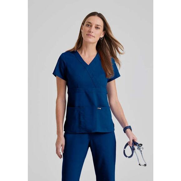 Grey's Anatomy Tops - Grey's Anatomy Women's Sz Small 3-Pocket Mock Wrap V-Neck Scrub Top Blue Indigo